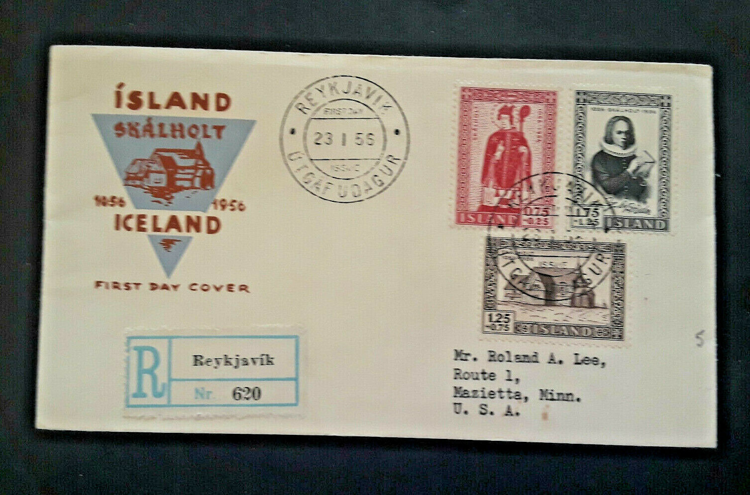 1956 Reykjavik Iceland To Mazietta Minnesota Registered First Day Cover