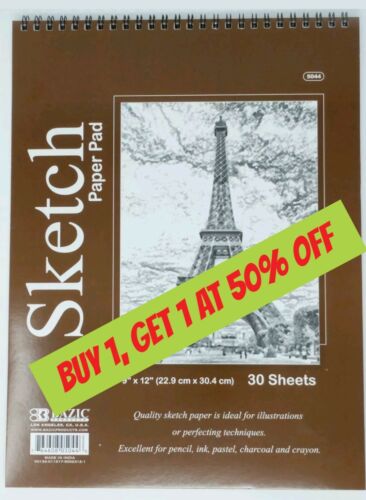 Bazic Spiral Sketch Pad Sketch Book 9" X 12" 30 Paper Sheets For Pencil Pastel