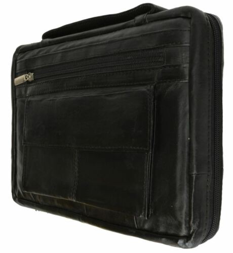 New Large Black Genuine Leather Bible/book Cover Case Zippered Organizer