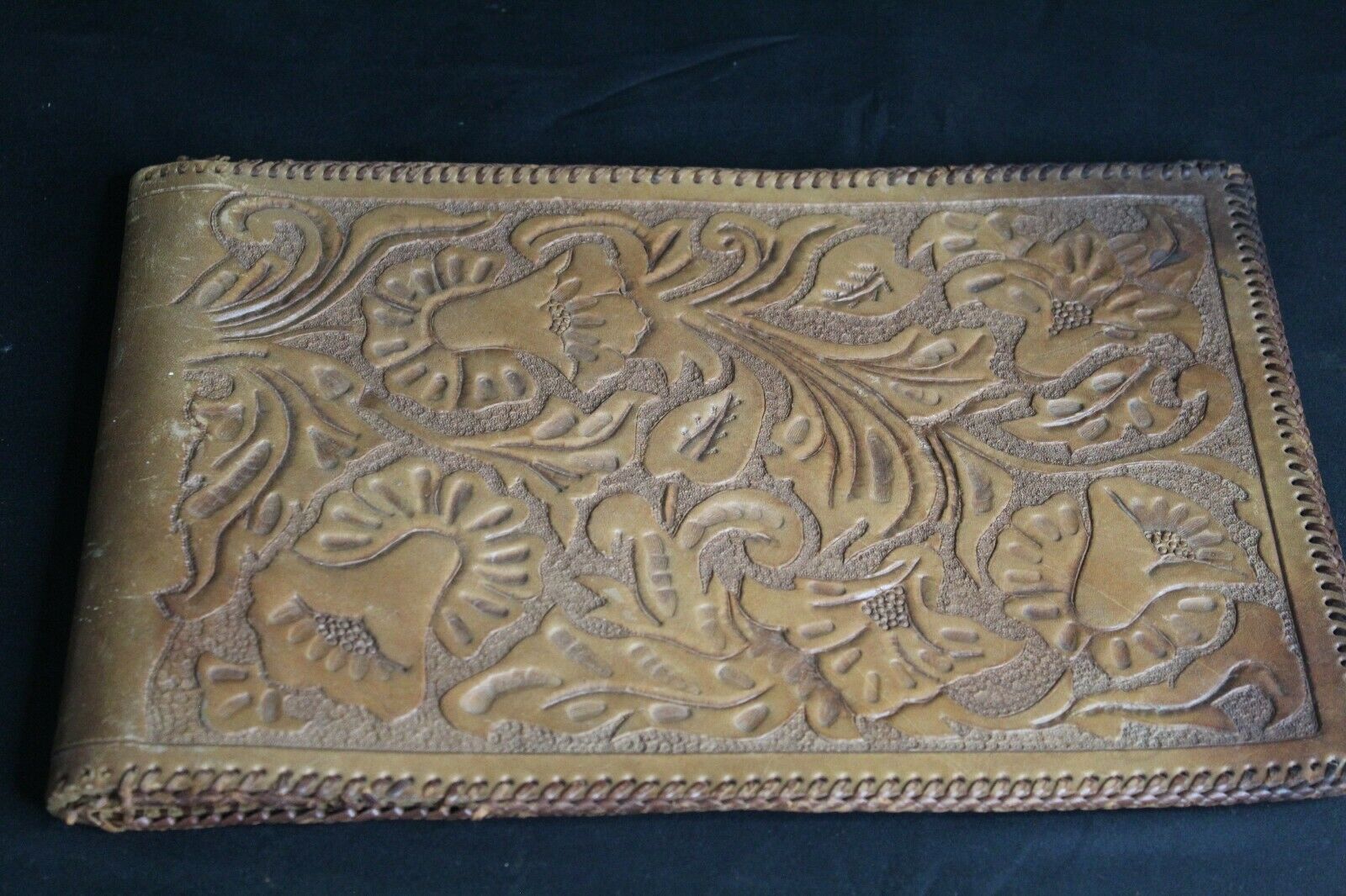 Vintage Brown Leather Book  Journal Cover Embossed Tooled Flowers And Border