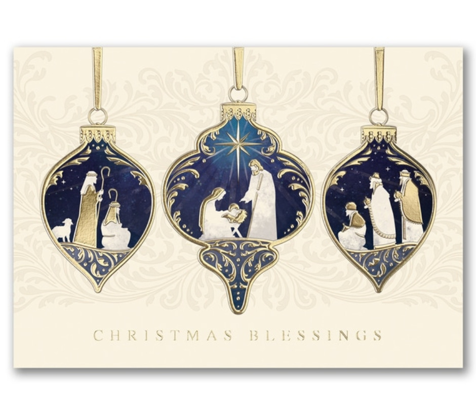 Christmas Cards Nativity Scene On Trio Of Ornaments Damask With Gold Foil Accent